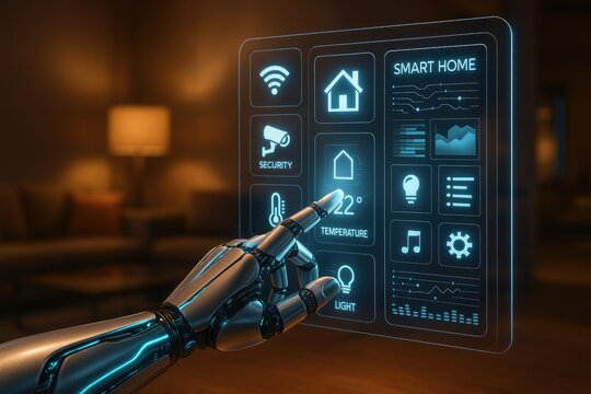 A futuristic robotic hand interacting with a digital smart home interface, showcasing various controls for lighting, security, and connectivity in a modern living environment. - Powered by Adobe