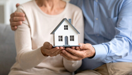 Elderly couple carefully holding a miniature house in their hands, symbolizing their plans for buying a new home, downsizing, or considering real estate investment for retirement