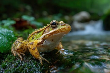 Fototapeta premium Close-up of frog by a flowing stream in a lush forest