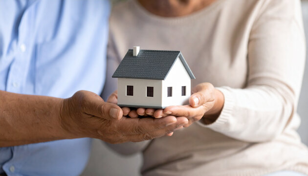 Elderly couple carefully holding a miniature house in their hands, symbolizing their plans for buying a new home, downsizing, or considering real estate investment for retirement