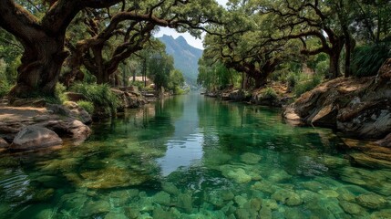 Fototapeta premium Serene canal winding through a vibrant green forest canopy with majestic old trees and reflective clear water