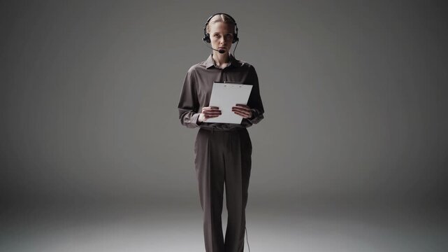 Stage Manager Standing Calmly with a Clipboard and Headset in a Minimalist Studio Setting, Conveying Professionalism and Focus