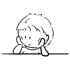 Young boy rests his chin on hands being alone outline illustration