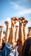 People are raising fists in a protest against immigration raids by ice in the united states, demonstrating strength, unity, and resistance against injustice