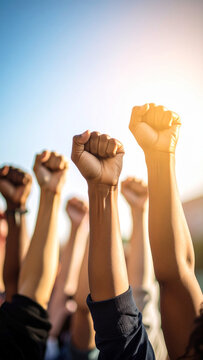 People are raising fists in a protest against immigration raids by ice in the united states, demonstrating strength, unity, and resistance against injustice