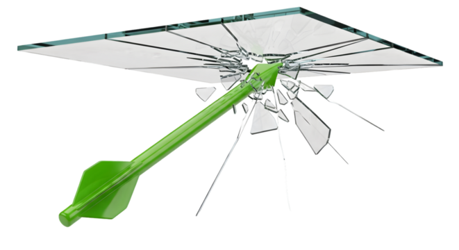Green arrow shattering clear glass