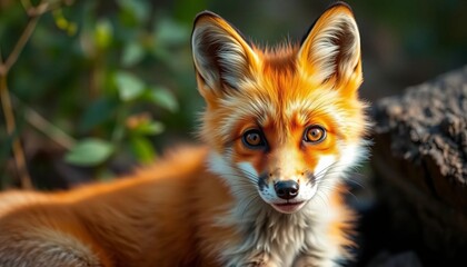 Obraz premium Bright orange-eyed fox, playful glance, natural woodland setting, autumn, animal