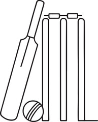 Cricket equipment bat, ball, and stumps line art drawing vector illustration