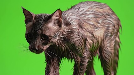 Wet, matted domestic cat with dark fur and a distressed expression on a vibrant green studio background.