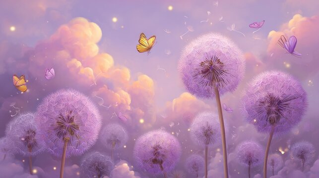Fototapeta Pastel dandelion field, butterflies, dreamy sky