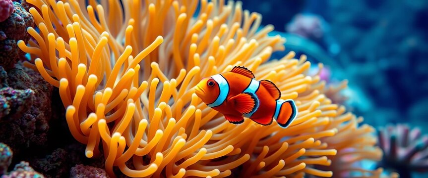 Clownfish playfully darting through vibrant anemone tentacles on a coral reef,   anemonefish,  tentacles