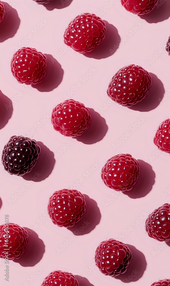 Poster fresh ripe raspberries arranged in diagonal pattern on pink background with harsh shadows creating m