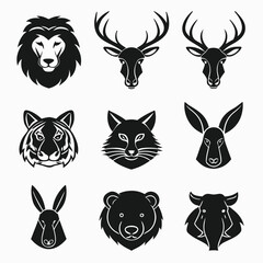 Collection of Nine Stylish Monochrome Animal Head Illustrations: Lion, Deer, Tiger, Fox, Rabbit, Bear, and Wild Boar;  Perfect for Branding, Logos, and Design Projects.