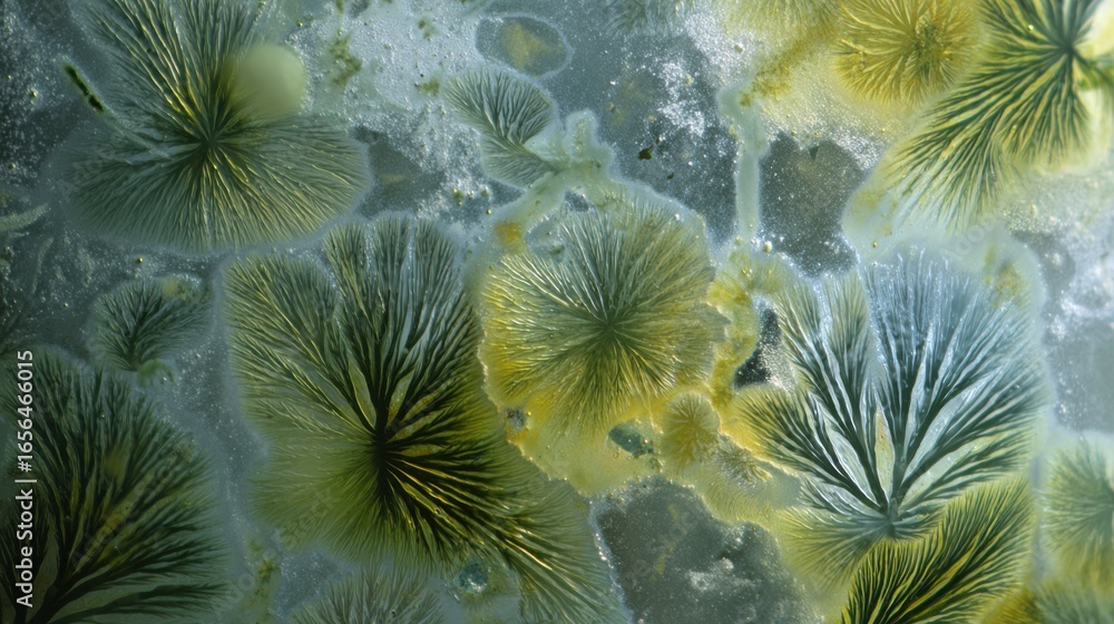 Poster vibrant microscopic fungi in nature's canvas showcasing colorful textures and intricate patterns of 