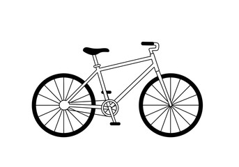 A blackandwhite line drawing of a bicycle showcasing its frame wheels seat handlebars pedals and spokes