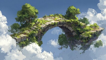 A stone arch bridge, overgrown with greenery, floats amidst fluffy clouds