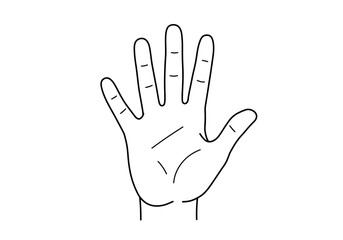 A hand illustration features five fingers with dividing lines and is outlined in black against a stark white background