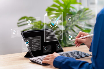 Quality Certificate Online Document Concept, Businesswoman Using Tablet for Digital Verification,...