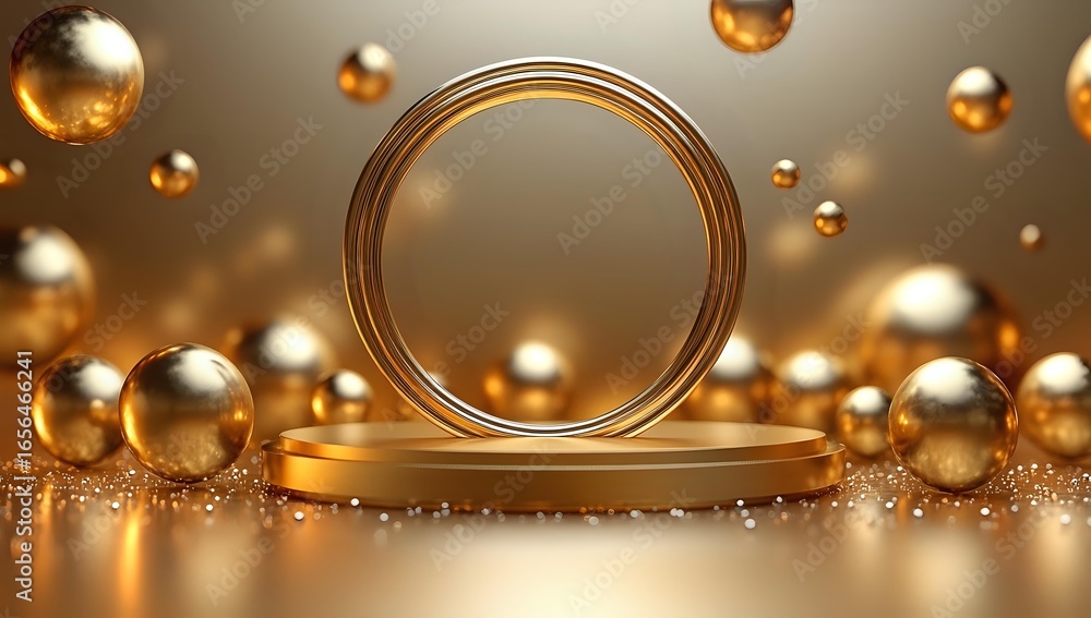 Poster golden metallic podium with floating spheres and ring on luxury background with glitter and bokeh ef