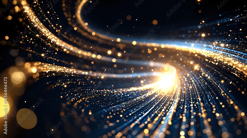 Poster glowing spiral of golden and blue light particles against dark background creates dynamic motion eff