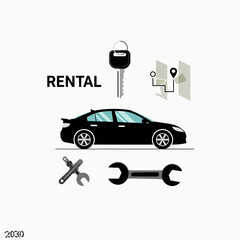 Rental car with key and map  Minimal Flat Vector Illustration for travel, vacation, tourism, templates, and brandless design