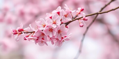 Obraz premium Delicate pink cherry blossoms in full bloom on a graceful branch against a soft, blurred background, branch, romantic