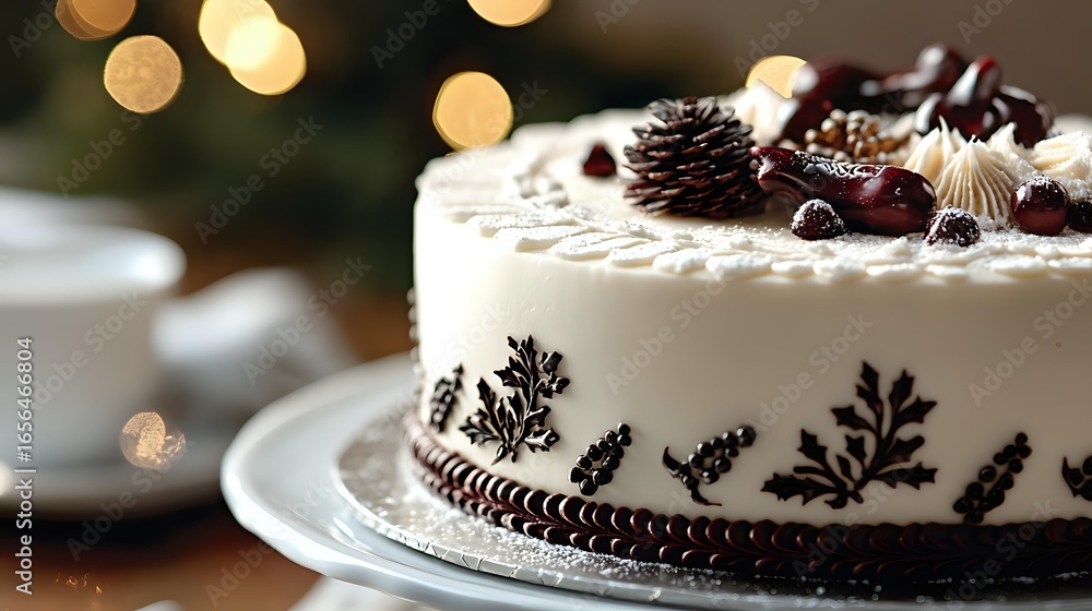 Poster elegant winter cake decorated with pine cones, chocolate curls and delicate snowflake patterns on wh