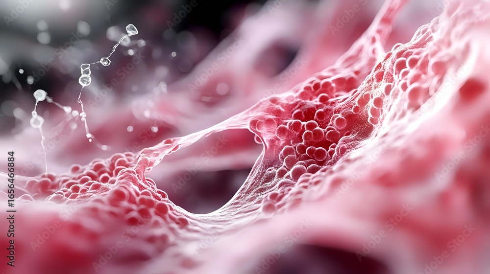 Poster microscopic view of red and white molecular structure with interconnected mesh network floating in b