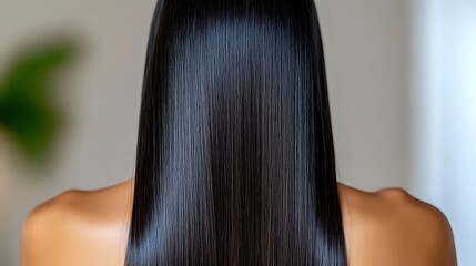 Naklejka premium Straight dark glossy hair on tanned skin woman from behind showing healthy smooth hairstyle after keratin treatment or hair care procedure.