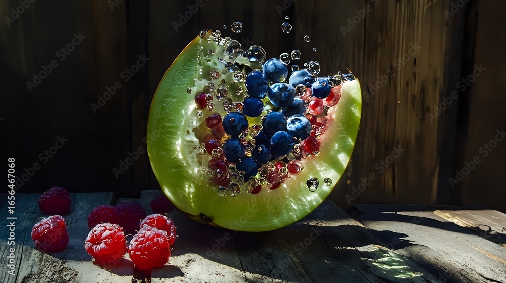 Poster fresh watermelon slice with floating blueberries and raspberries in water splash effect against rust
