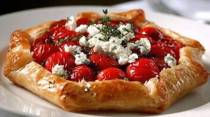 A beautifully baked tomato tart topped with fresh herbs and cheese, perfect for showcasing culinary artistry in food blogs, menus, or cookbooks, Ideal for gourmet product advertisements,
