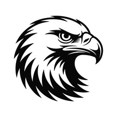 Black and white illustration of eagle head in profile facing right, featuring fierce eye, curved beak, and bold feather detail—symbol of power