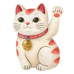 Watercolor Japanese lucky cat raising paw isolated on a transparent background maneki neko