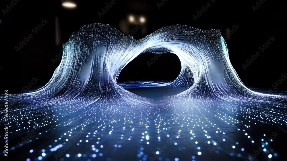Aufkleber glowing blue wave formation with light particles creating dynamic tunnel effect against dark backgro