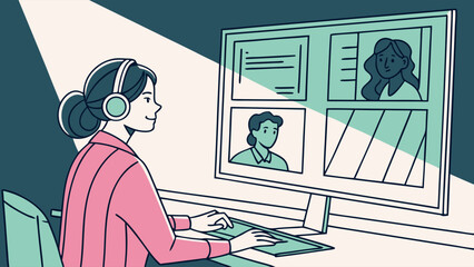 Woman with Headphones in Video Conference Online Meeting.