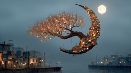 Floating crescent moon city, lit by trees