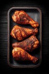 Juicy and well-seasoned chicken drumsticks arranged on a dark plate, showcasing a tantalizing texture and color, Ideal for food blogs, restaurant menus, or culinary promotions,