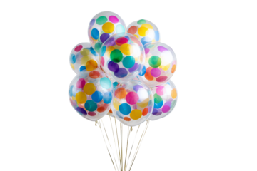 A cluster of transparent balloons filled with colorful confetti floating against a stark black background