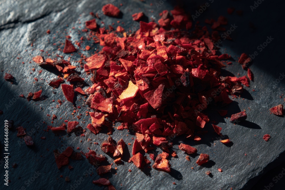 Poster vibrant red spice flakes piled on dark slate surface with natural light highlighting texture and col