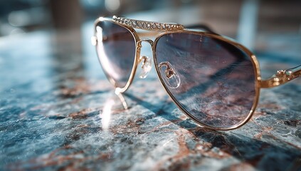 Gold aviator sunglasses on marble table, sunny day background