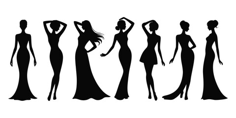 Silhouettes of seven women in various dress styles and poses, showcasing fashion diversity, elegance, and expressive body language