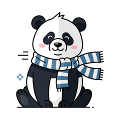 Cute cartoon panda wearing a striped scarf and looking happy.