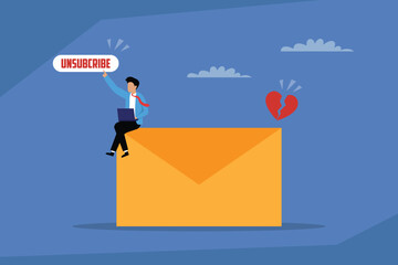 Digital Breakup: A Man Clicks Unsubscribe on an Email with a Broken Heart Symbolizing the End of a Relationship 2d flat vector illustration