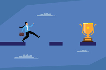 Career Advancement: A Man Jumps Across Gaps to Reach a Golden Trophy, Symbolizing the Challenges and Risks Taken to Achieve a Goal or Win a Prize 2d flat vector illustration