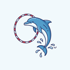 Naklejka premium Dolphin jumping through a hoop with water splashes.