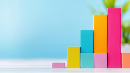Colorful bar graph representing growth and progress, with vibrant blocks in various sizes against soft blue background, evoking sense of optimism