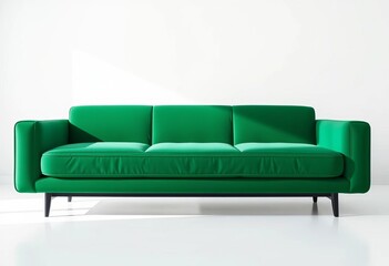 Fototapeta premium Sleek, emerald green minimalist sofa against a pure white backdrop, bright, emerald