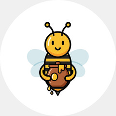 Fototapeta premium Cartoon bee holding a pot of honey inside a circle.