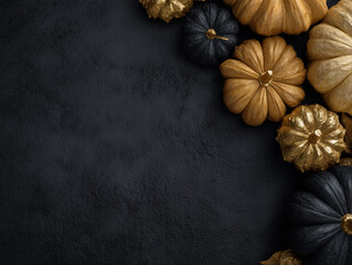 Fototapeta premium Decorative pumpkins in gold and black colors on a dark stone background in the corner of the sheet