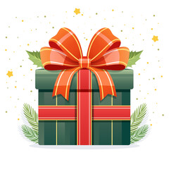 A big green Christmas box with a big orange and red ribbon, with fir branches, stars, and dots.